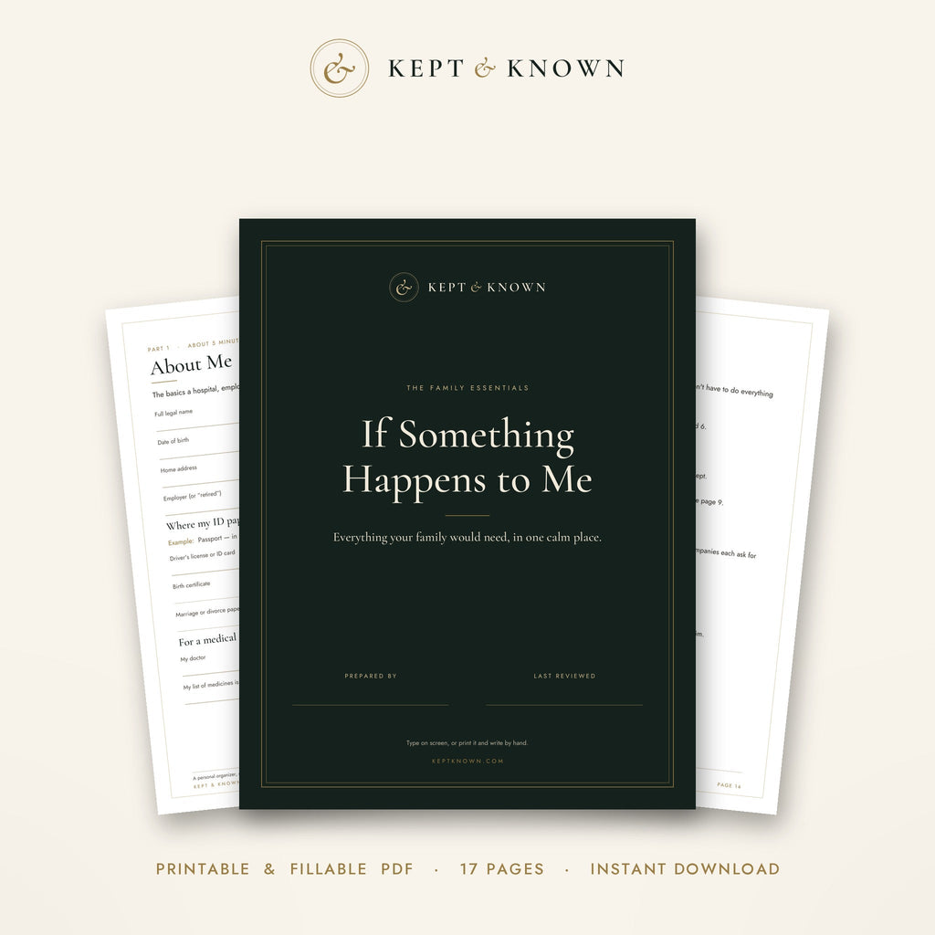 Kept & Known If Something Happens to Me family emergency binder, printable and fillable PDF cover with inside pages