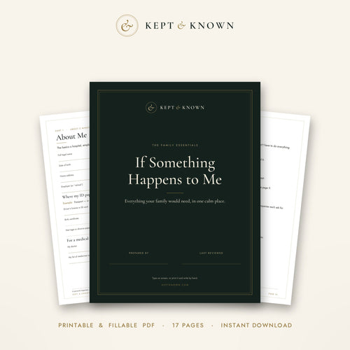 Kept & Known If Something Happens to Me family emergency binder, printable and fillable PDF cover with inside pages