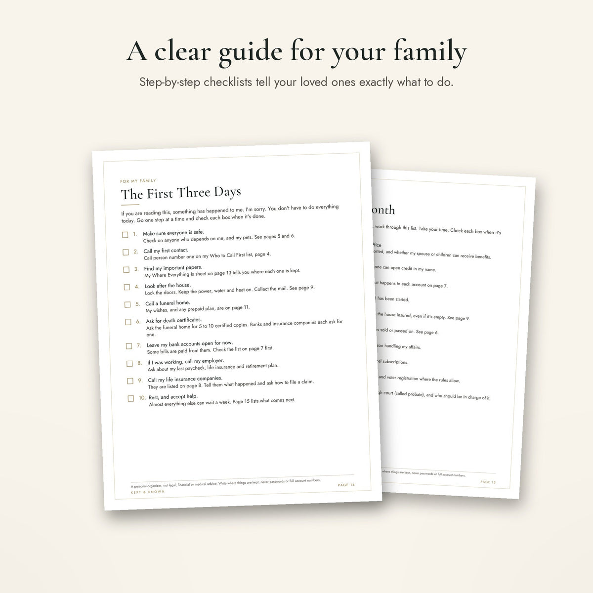 The First Three Days and The Next Month step-by-step checklists for family after a loss