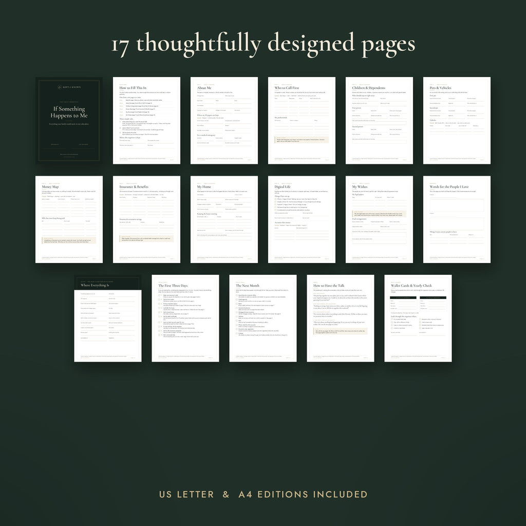 All 17 pages of the printable end of life planner and family organizer, US Letter and A4