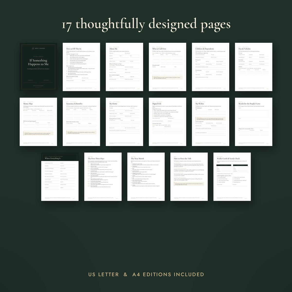 All 17 pages of the printable end of life planner and family organizer, US Letter and A4