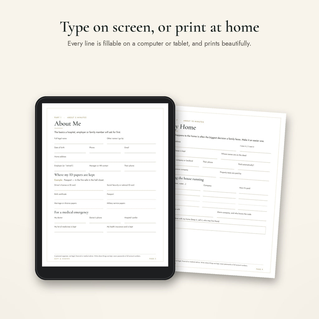 Fillable PDF emergency binder shown on a tablet beside a printed page