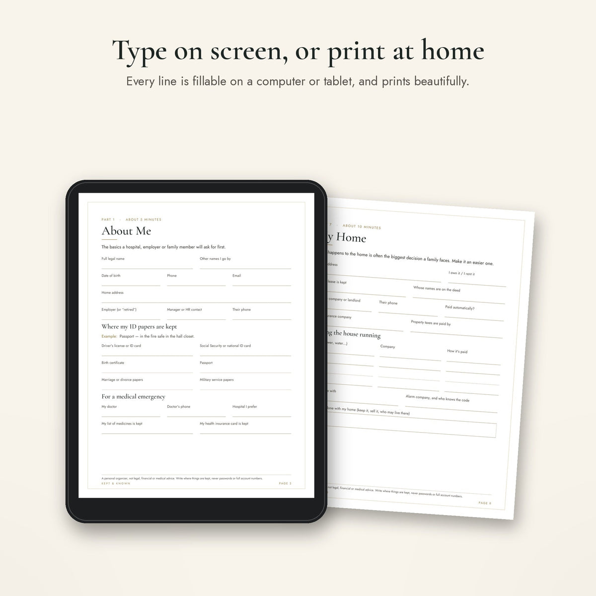 Fillable PDF emergency binder shown on a tablet beside a printed page