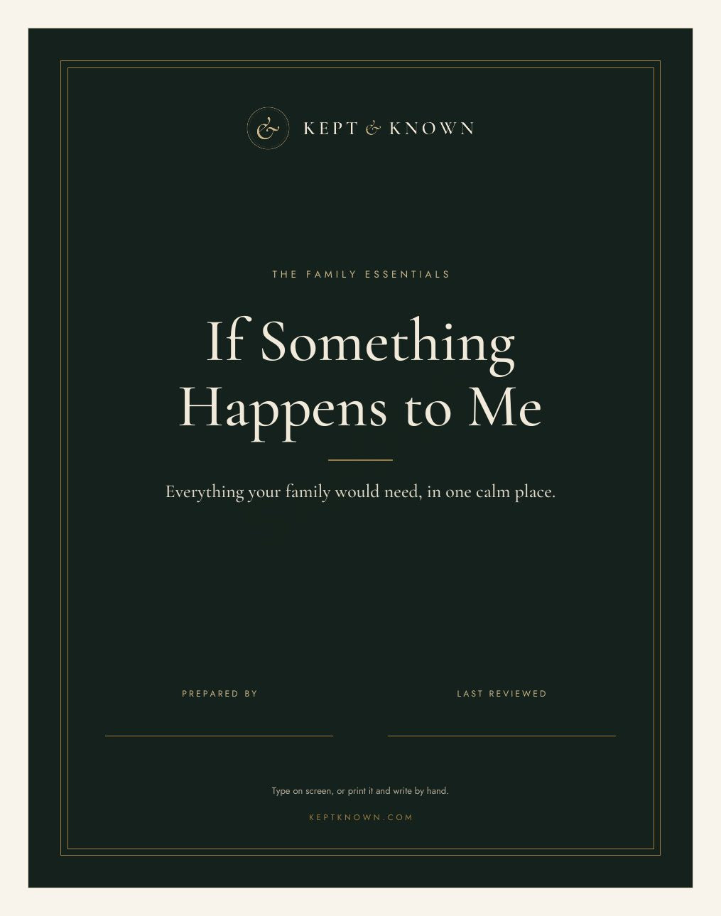 Sample page 1 of 17: Cover - Kept & Known family organizer