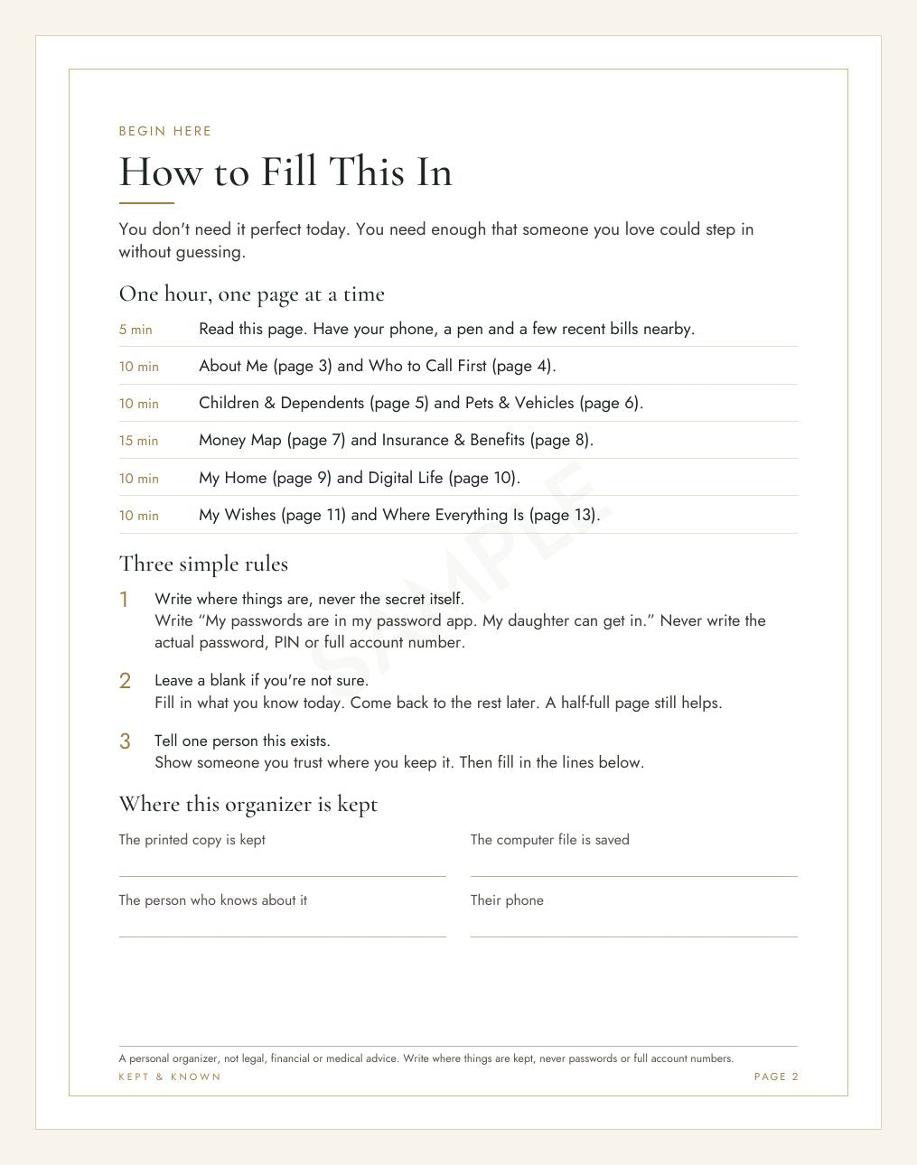 Sample page 2 of 17: How to Fill This In - Kept & Known family organizer