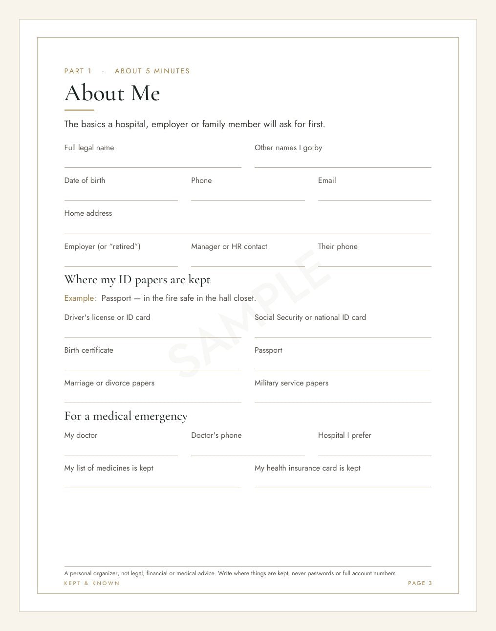 Sample page 3 of 17: About Me - Kept & Known family organizer