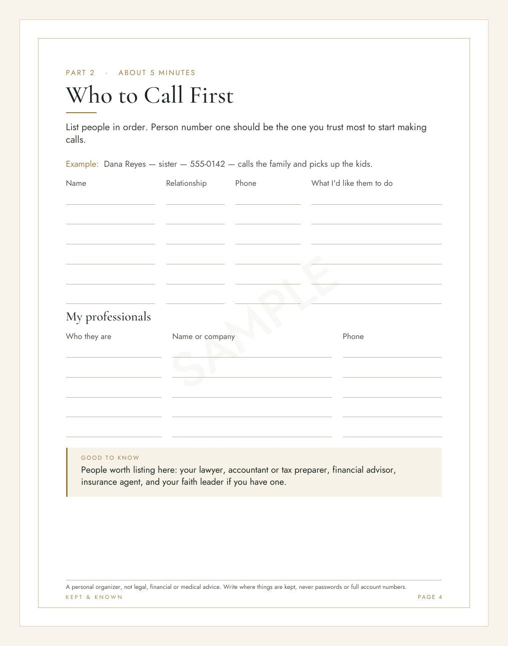 Sample page 4 of 17: Who to Call First - Kept & Known family organizer