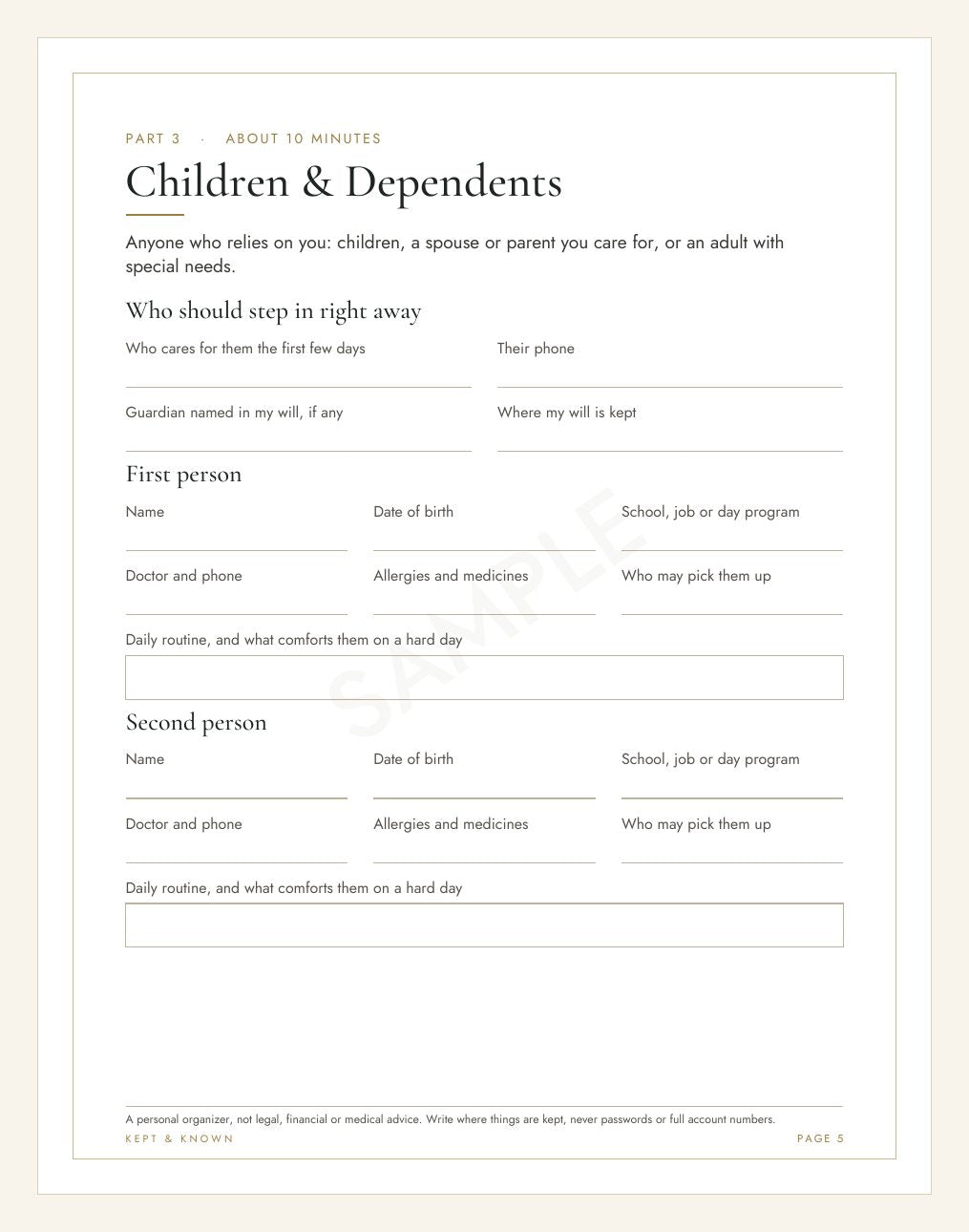 Sample page 5 of 17: Children & Dependents - Kept & Known family organizer