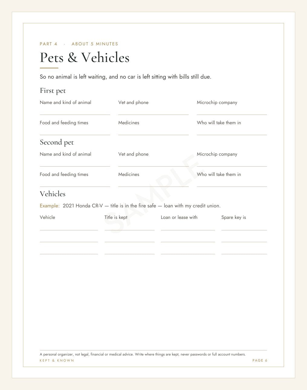 Sample page 6 of 17: Pets & Vehicles - Kept & Known family organizer