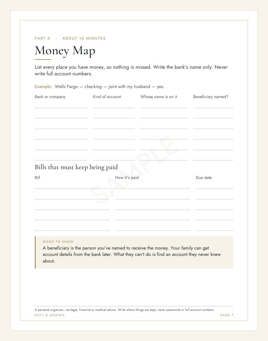 Sample page 7 of 17: Money Map - Kept & Known family organizer