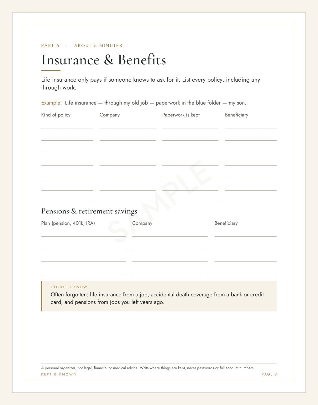 Sample page 8 of 17: Insurance & Benefits - Kept & Known family organizer