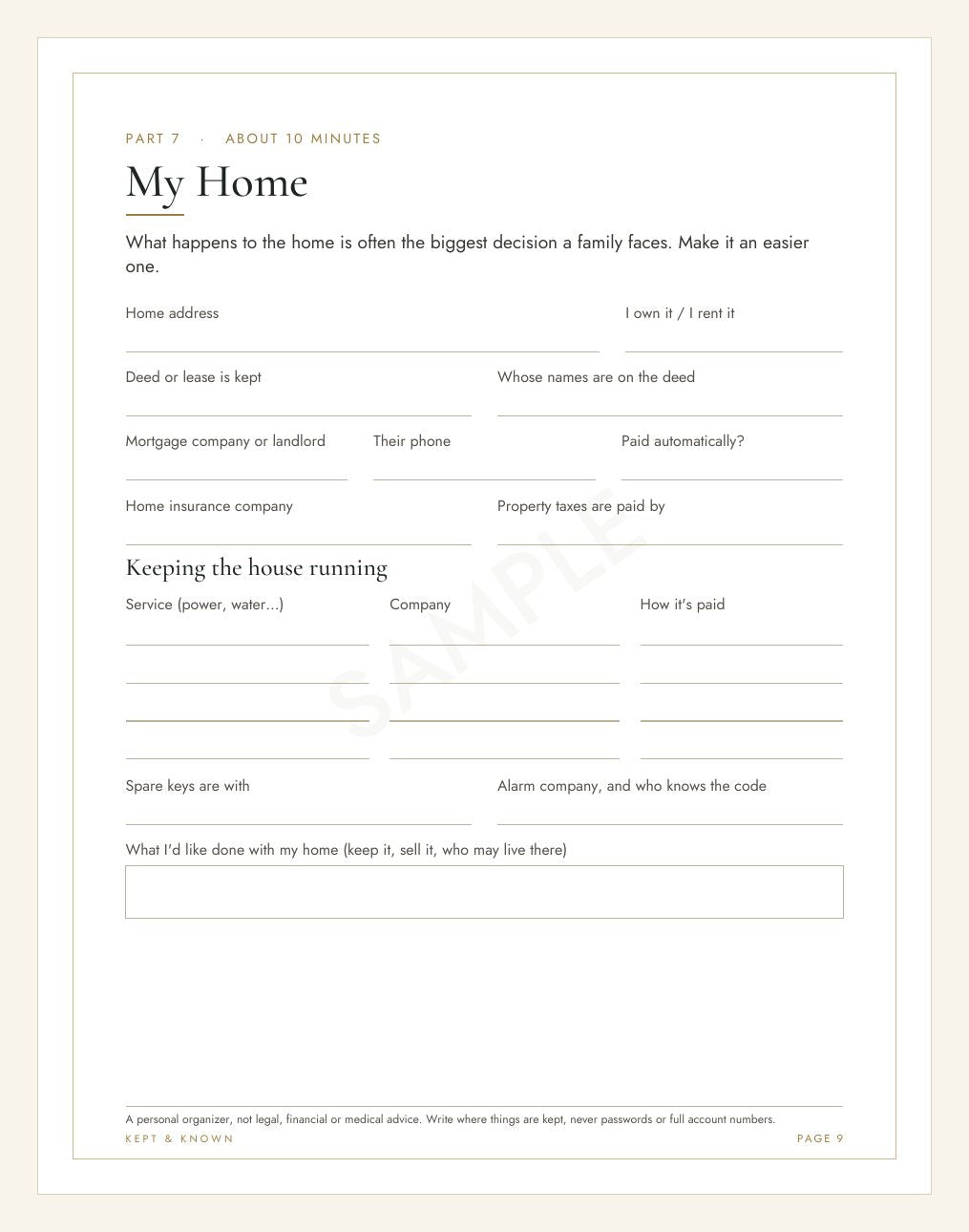 Sample page 9 of 17: My Home - Kept & Known family organizer