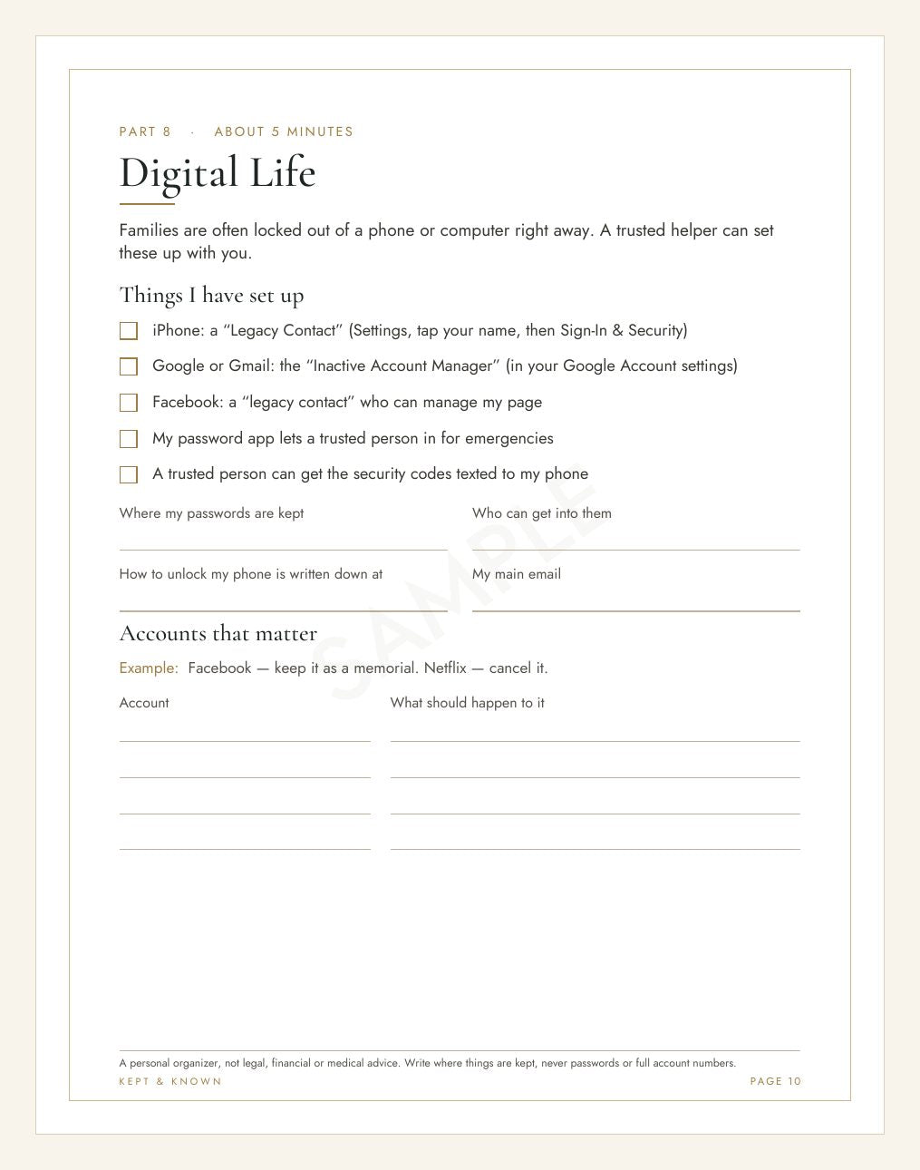 Sample page 10 of 17: Digital Life - Kept & Known family organizer