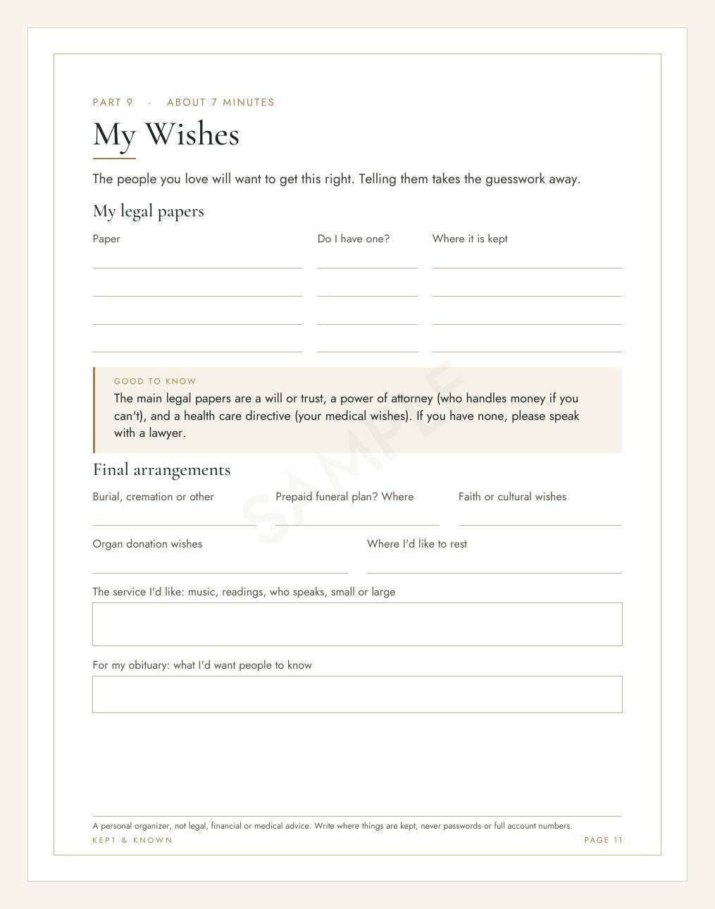 Sample page 11 of 17: My Wishes - Kept & Known family organizer