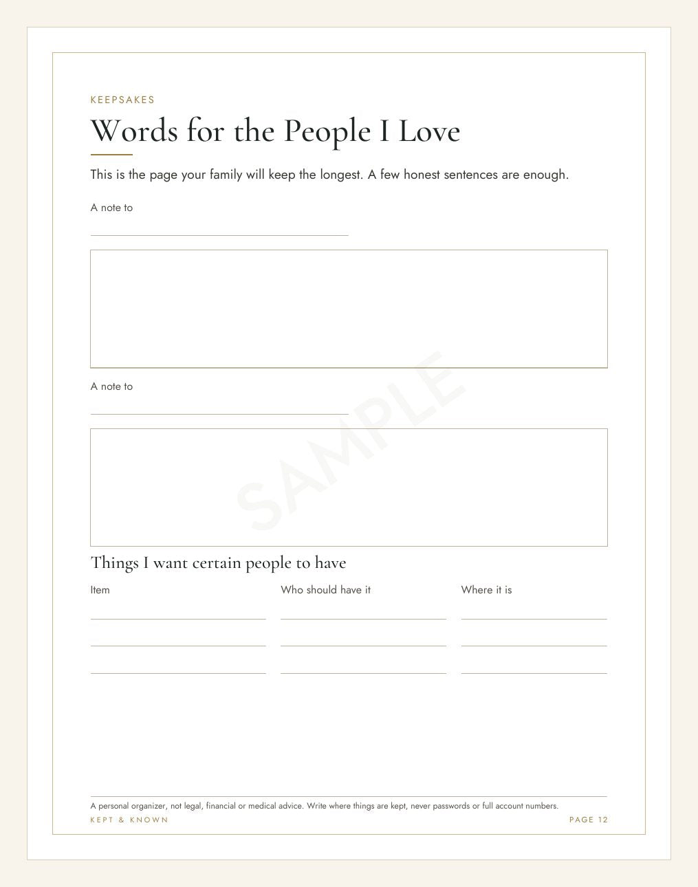 Sample page 12 of 17: Words for the People I Love - Kept & Known family organizer