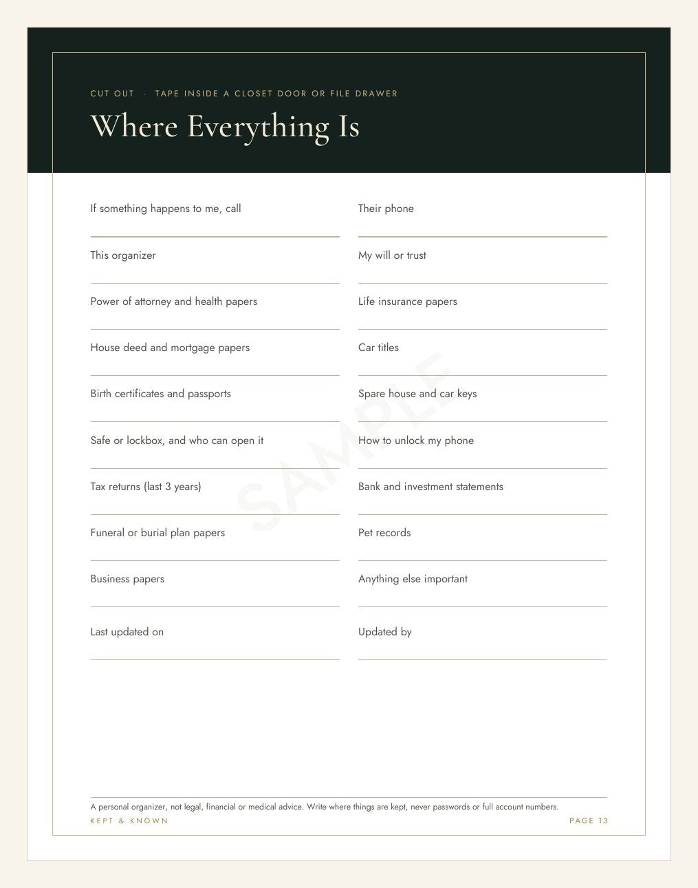 Sample page 13 of 17: Where Everything Is - Kept & Known family organizer