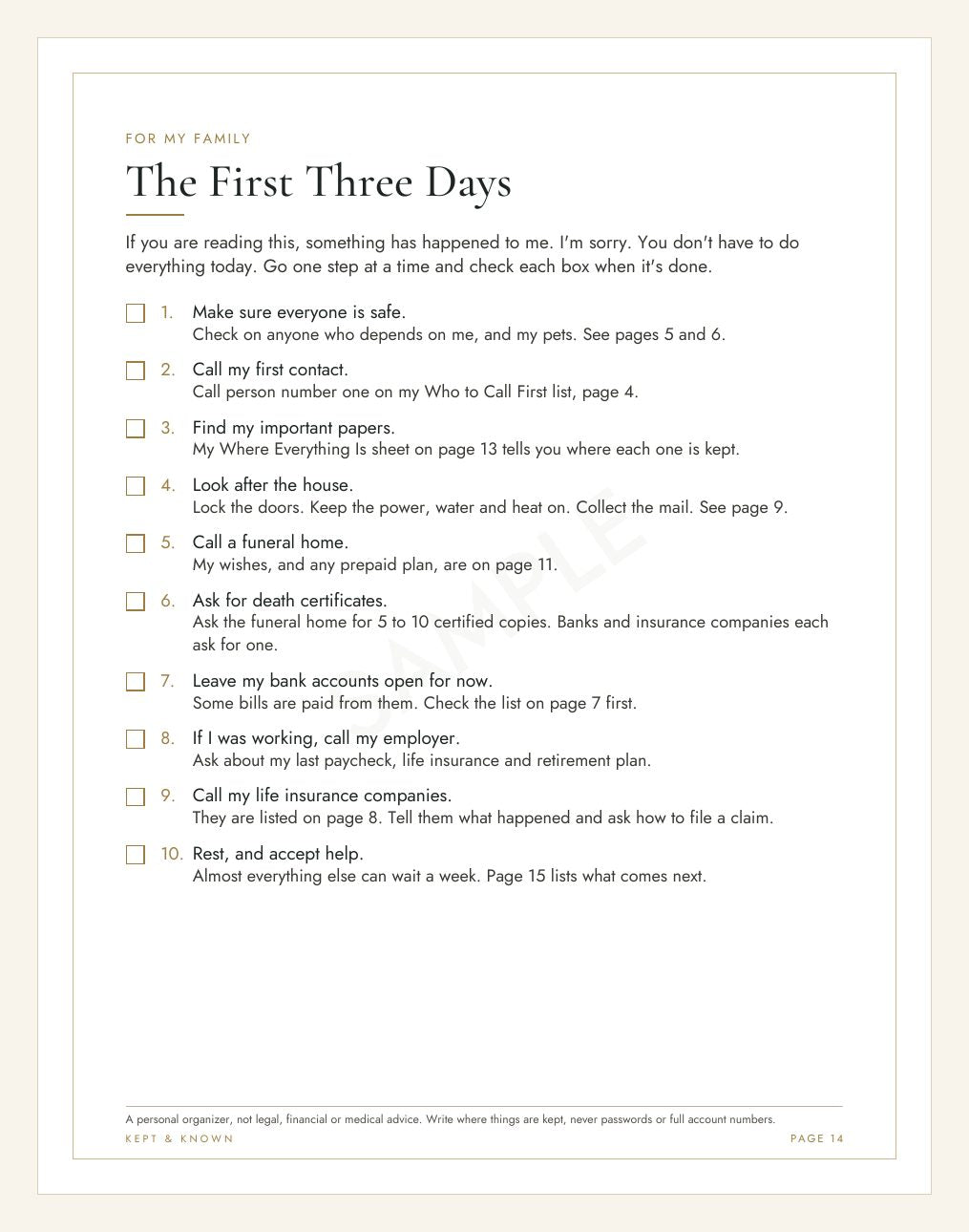 Sample page 14 of 17: The First Three Days - Kept & Known family organizer