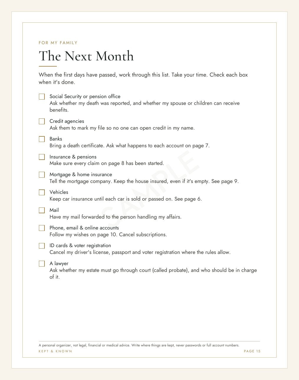 Sample page 15 of 17: The Next Month - Kept & Known family organizer
