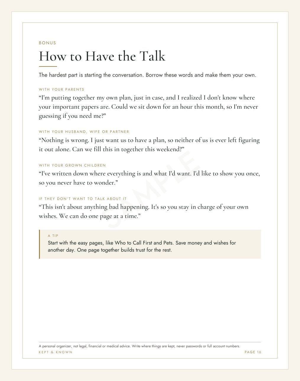 Sample page 16 of 17: How to Have the Talk - Kept & Known family organizer