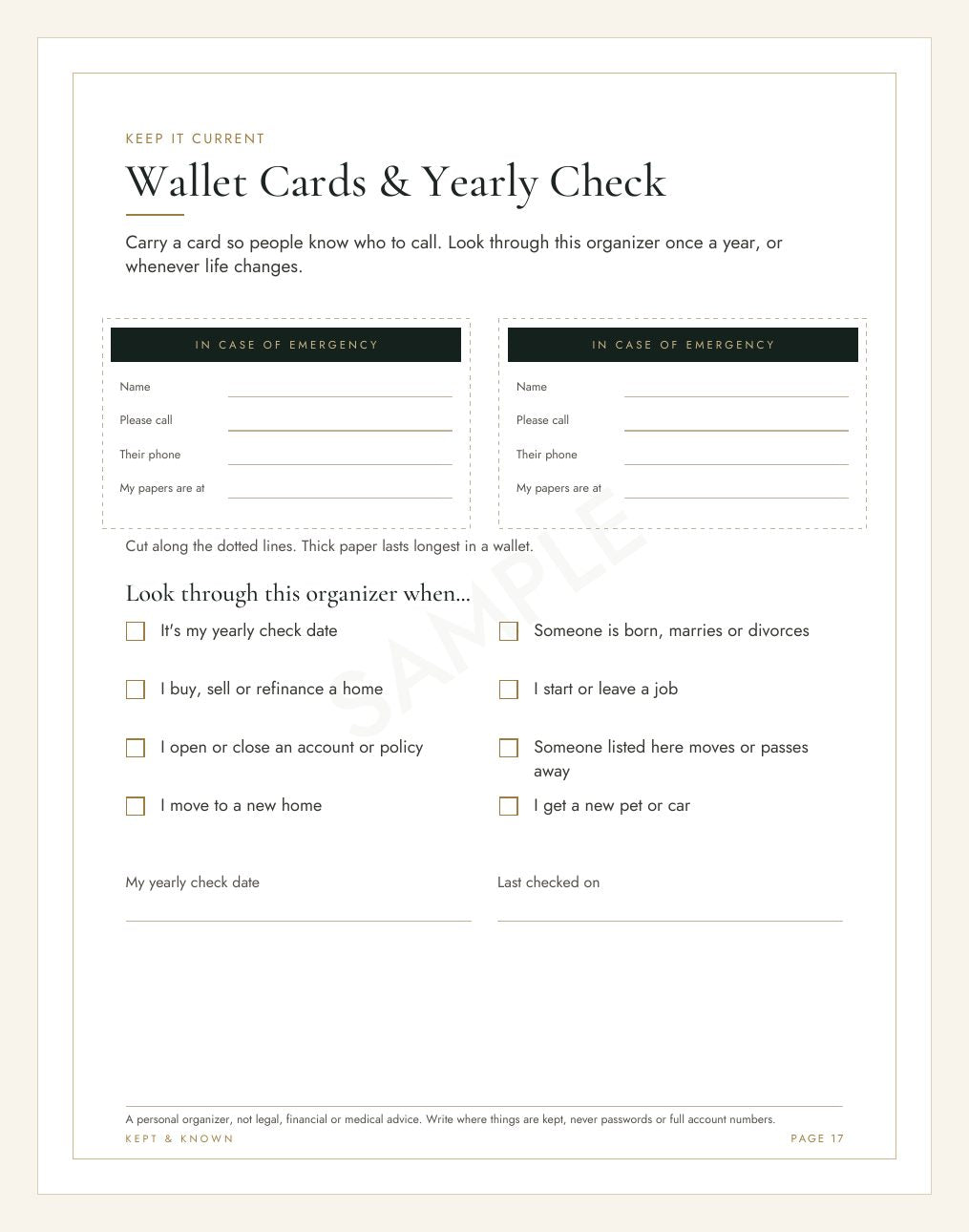 Sample page 17 of 17: Wallet Cards & Yearly Check - Kept & Known family organizer